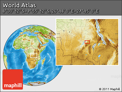 Physical Location Map of the Area around 8° 12' 42" S, 27° 16' 29" E