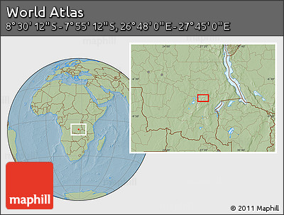 Savanna Style Location Map of the Area around 8° 12' 42" S, 27° 16' 29" E, hill shading