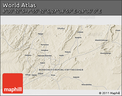 Shaded Relief 3D Map of the Area around 8° 12' 42" S, 28° 7' 30" E