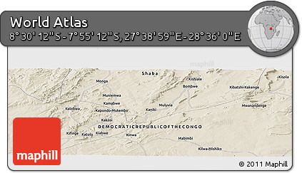 Shaded Relief Panoramic Map of the Area around 8° 12' 42" S, 28° 7' 30" E
