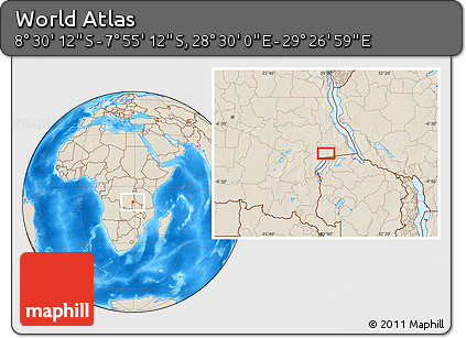 Shaded Relief Location Map of the Area around 8° 12' 42" S, 28° 58' 30" E