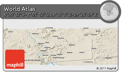 Shaded Relief Panoramic Map of the Area around 8° 12' 42" S, 28° 58' 30" E