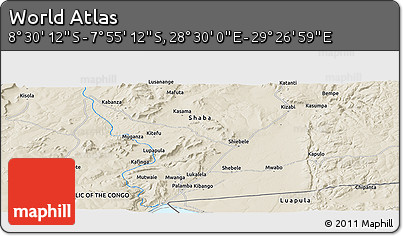 Shaded Relief Panoramic Map of the Area around 8° 12' 42" S, 28° 58' 30" E