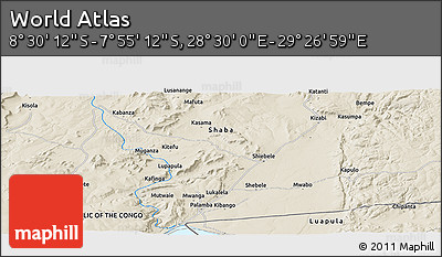 Shaded Relief Panoramic Map of the Area around 8° 12' 42" S, 28° 58' 30" E