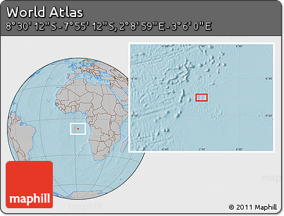 Gray Location Map of the Area around 8° 12' 42" S, 2° 37' 30" E, hill shading