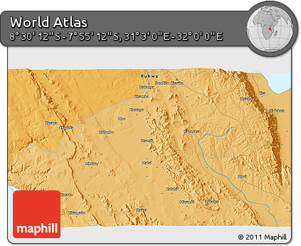 Political 3D Map of the Area around 8° 12' 42" S, 31° 31' 29" E
