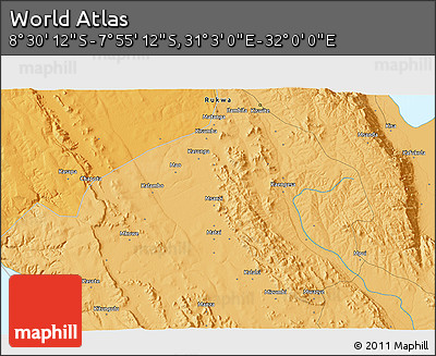 Political 3D Map of the Area around 8° 12' 42" S, 31° 31' 29" E