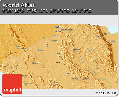 Political 3D Map of the Area around 8° 12' 42" S, 31° 31' 29" E