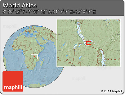 Savanna Style Location Map of the Area around 8° 12' 42" S, 31° 31' 29" E, hill shading