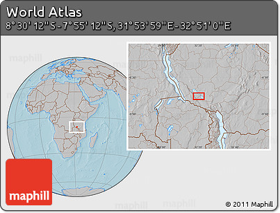 Gray Location Map of the Area around 8° 12' 42" S, 32° 22' 30" E, hill shading