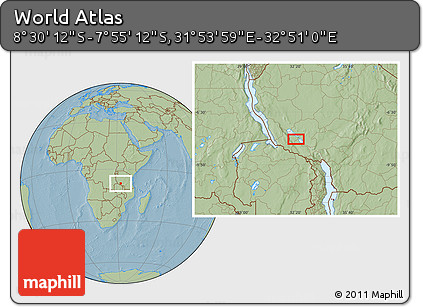 Savanna Style Location Map of the Area around 8° 12' 42" S, 32° 22' 30" E, hill shading