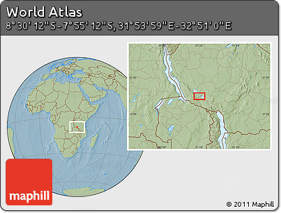 Savanna Style Location Map of the Area around 8° 12' 42" S, 32° 22' 30" E, hill shading