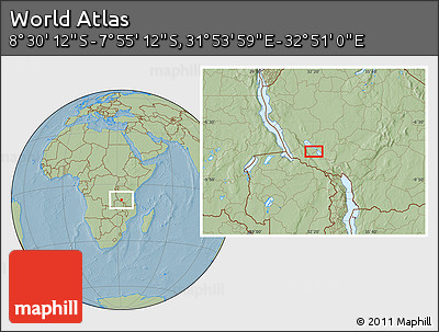 Savanna Style Location Map of the Area around 8° 12' 42" S, 32° 22' 30" E, hill shading