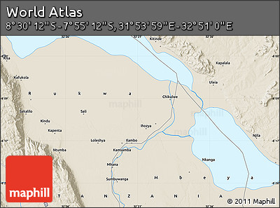 Shaded Relief Map of the Area around 8° 12' 42" S, 32° 22' 30" E