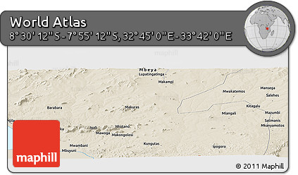 Shaded Relief Panoramic Map of the Area around 8° 12' 42" S, 33° 13' 30" E