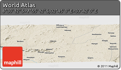 Shaded Relief Panoramic Map of the Area around 8° 12' 42" S, 33° 13' 30" E