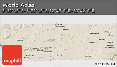 Shaded Relief Panoramic Map of the Area around 8° 12' 42" S, 33° 13' 30" E