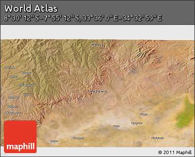 Satellite 3D Map of the Area around 8° 12' 42" S, 34° 4' 30" E