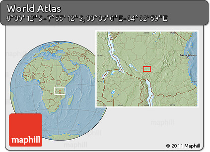 Savanna Style Location Map of the Area around 8° 12' 42" S, 34° 4' 30" E, hill shading