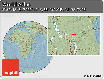 Savanna Style Location Map of the Area around 8° 12' 42" S, 34° 4' 30" E, hill shading