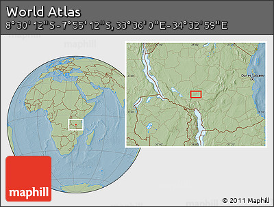 Savanna Style Location Map of the Area around 8° 12' 42" S, 34° 4' 30" E, hill shading