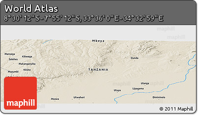 Shaded Relief Panoramic Map of the Area around 8° 12' 42" S, 34° 4' 30" E
