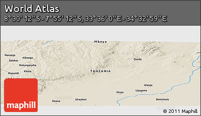 Shaded Relief Panoramic Map of the Area around 8° 12' 42" S, 34° 4' 30" E