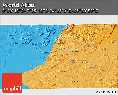 Political 3D Map of the Area around 8° 12' 42" S, 34° 55' 29" E