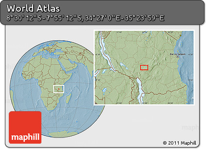 Savanna Style Location Map of the Area around 8° 12' 42" S, 34° 55' 29" E, hill shading