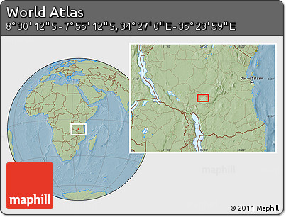 Savanna Style Location Map of the Area around 8° 12' 42" S, 34° 55' 29" E, hill shading