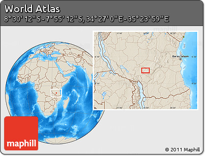 Shaded Relief Location Map of the Area around 8° 12' 42" S, 34° 55' 29" E