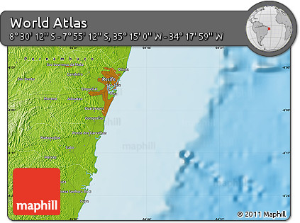 Physical Map of the Area around 8° 12' 42" S, 34° 46' 29" W