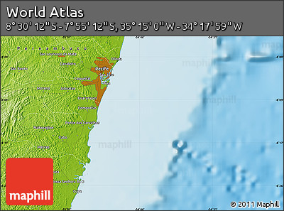 Physical Map of the Area around 8° 12' 42" S, 34° 46' 29" W