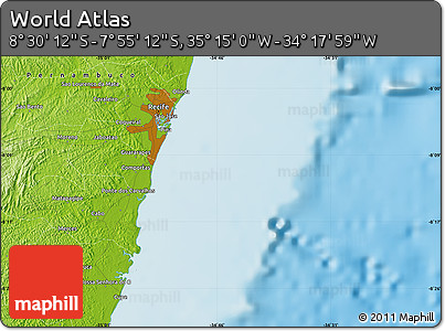 Physical Map of the Area around 8° 12' 42" S, 34° 46' 29" W