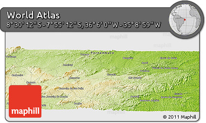 Physical Panoramic Map of the Area around 8° 12' 42" S, 35° 37' 30" W