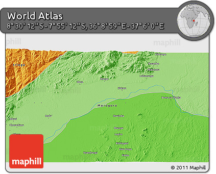 Political 3D Map of the Area around 8° 12' 42" S, 36° 37' 30" E