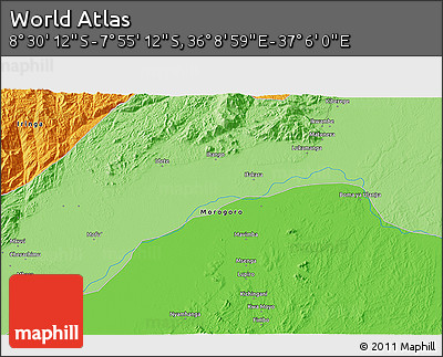 Political 3D Map of the Area around 8° 12' 42" S, 36° 37' 30" E