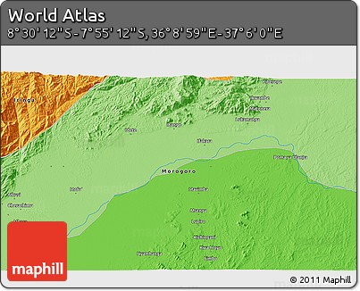 Political 3D Map of the Area around 8° 12' 42" S, 36° 37' 30" E