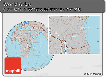 Gray Location Map of the Area around 8° 12' 42" S, 36° 37' 30" E