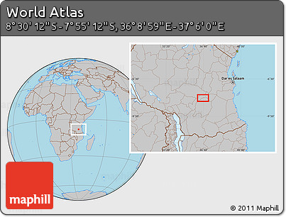 Gray Location Map of the Area around 8° 12' 42" S, 36° 37' 30" E