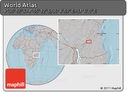 Gray Location Map of the Area around 8° 12' 42" S, 36° 37' 30" E, hill shading