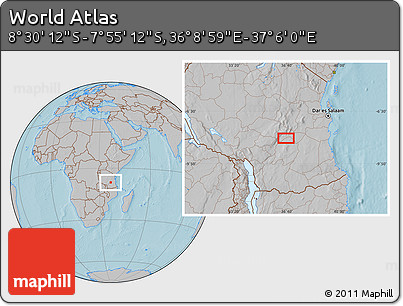 Gray Location Map of the Area around 8° 12' 42" S, 36° 37' 30" E, hill shading