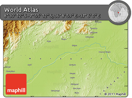 Physical Map of the Area around 8° 12' 42" S, 36° 37' 30" E