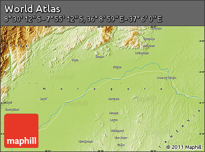 Physical Map of the Area around 8° 12' 42" S, 36° 37' 30" E