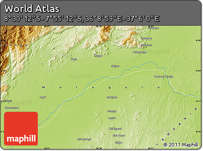 Physical Map of the Area around 8° 12' 42" S, 36° 37' 30" E