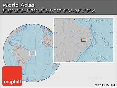 Gray Location Map of the Area around 8° 12' 42" S, 36° 28' 30" W, hill shading