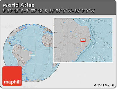 Gray Location Map of the Area around 8° 12' 42" S, 36° 28' 30" W, hill shading