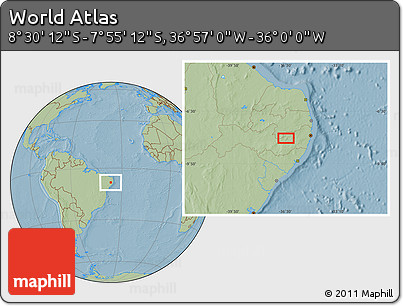 Savanna Style Location Map of the Area around 8° 12' 42" S, 36° 28' 30" W, hill shading