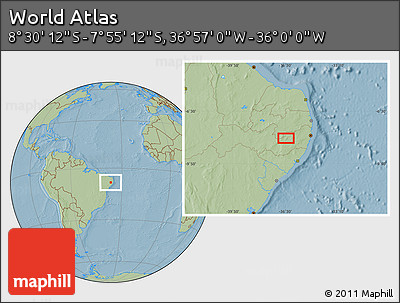 Savanna Style Location Map of the Area around 8° 12' 42" S, 36° 28' 30" W, hill shading