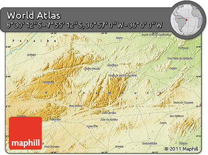 Physical Map of the Area around 8° 12' 42" S, 36° 28' 30" W